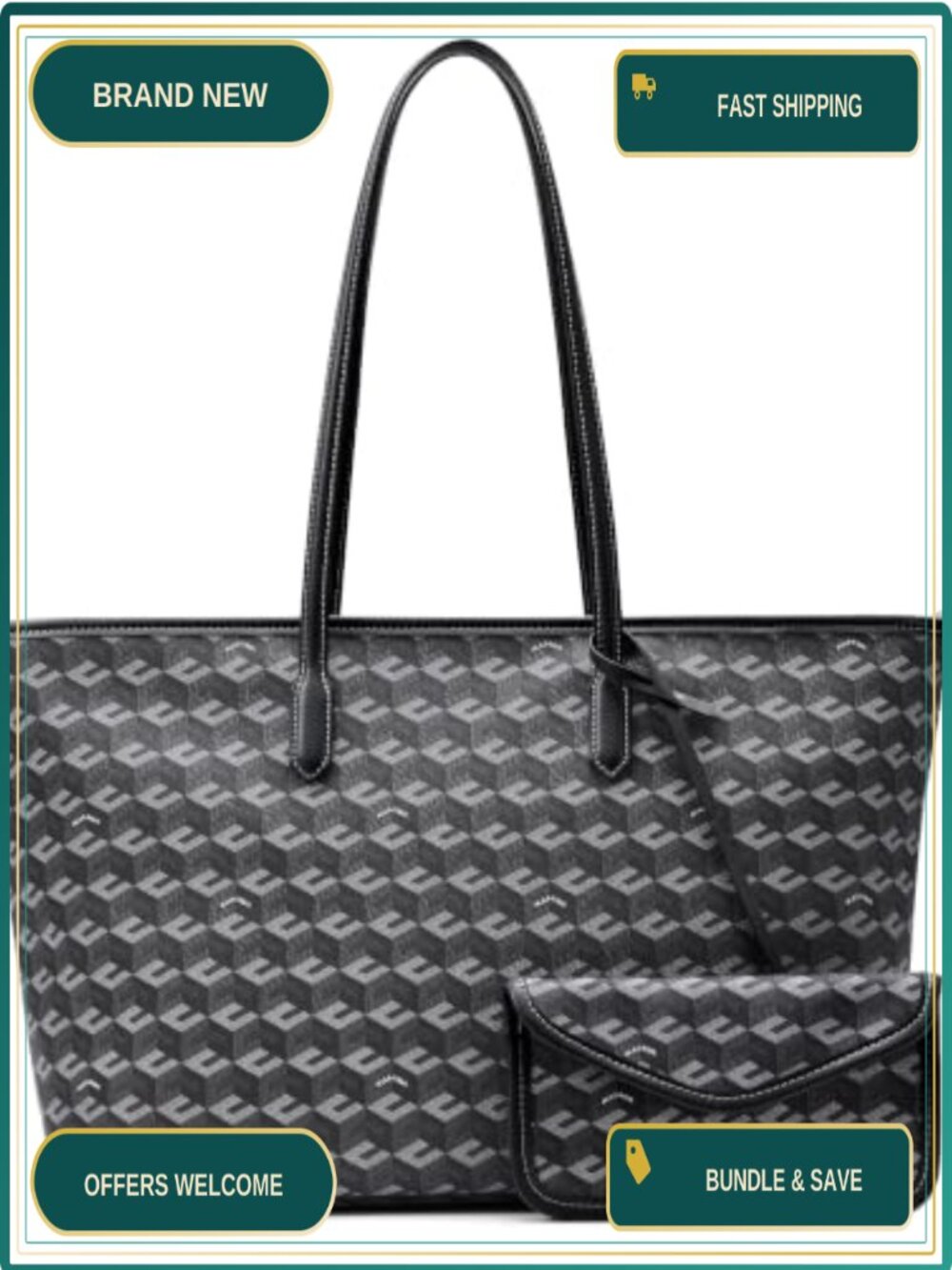 Oversize PU Leather Tote Bag Cubic Garden Monogram Print Weekender